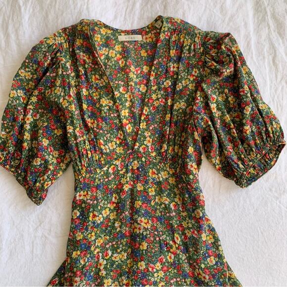 Doen Emilia Cotton V Neck Tie Short Puff Sleeve Mini Dress Green Valley Floral - Picture 11 of 16